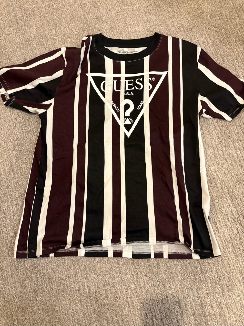 Guess Men's Short Sleeve Striped Tee in Black, White & Burgundy